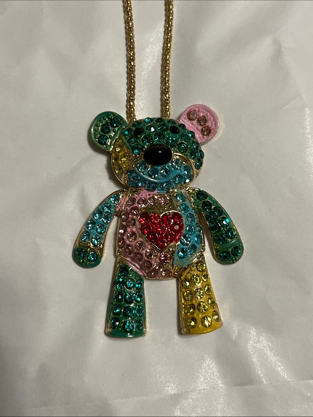 New NWT Betsey Johnson Gold-tone Teddy Bear Necklace with Multicolor Crystals